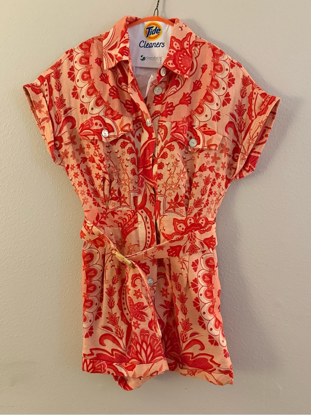 FARM Rio Coral and Red Printed Tie-Waist Romper